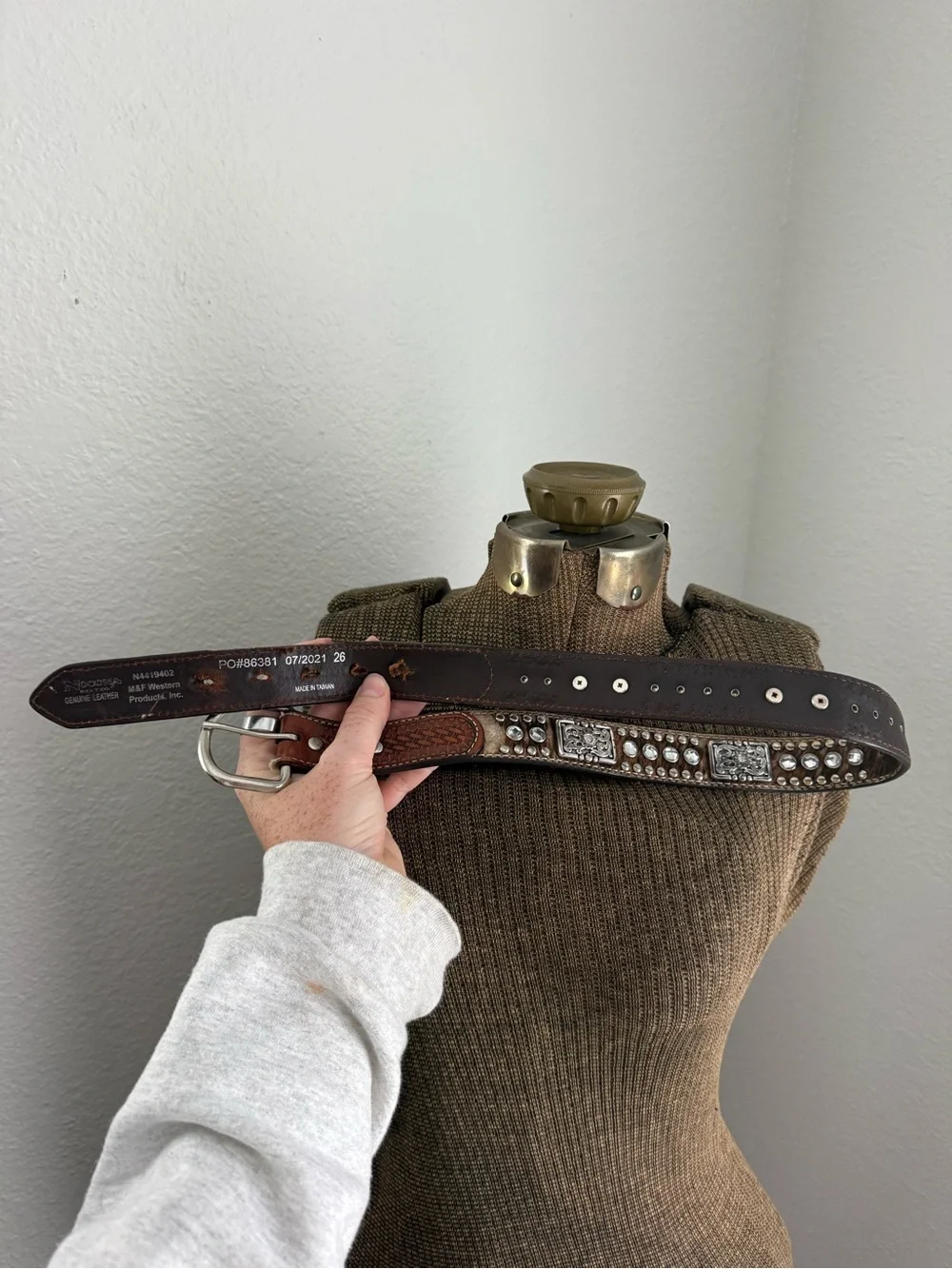 Nocona Brown Studded Leather Belt with Rhinestone and Ornate Silver Buckle